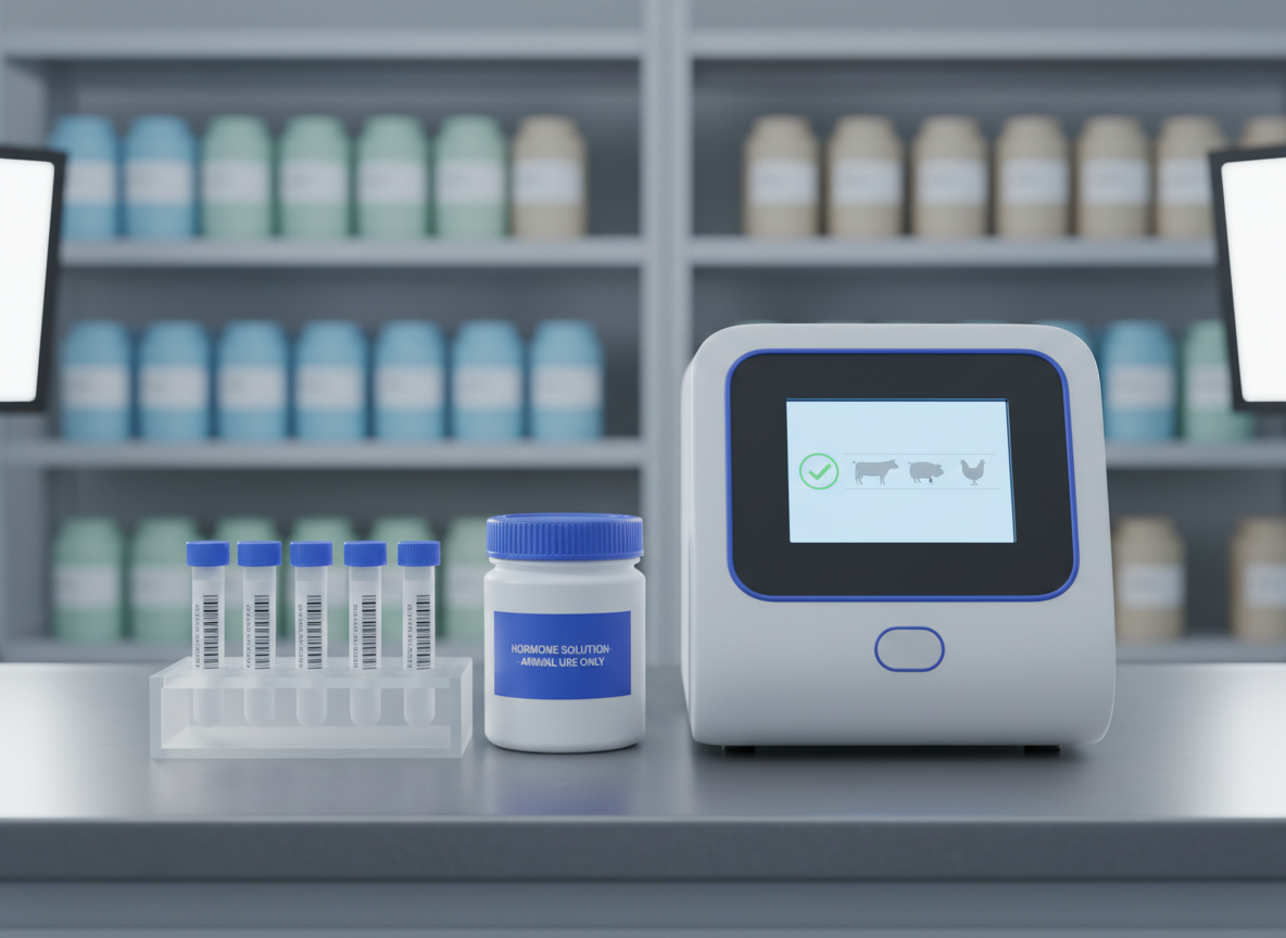 A modern, high-tech animal health testing station featuring a compact, white diagnostic analyzer with a small digital screen displaying a simple green checkmark beside icons of a cow, pig, and chicken. Next to it, carefully arranged on a neutral grey benchtop, are barcoded sample tubes in a low-profile rack and a closed, labeled container of hormone solution. The background shows out-of-focus shelves with neatly aligned, unbranded containers in muted tones. Soft, cool studio lighting from two sides reduces harsh shadows and gives the equipment a crisp, precise look. Photographic realism, eye-level composition with asymmetrical balance, emphasizing the analyzer on the right. The mood is efficient, clinical, and reliable, reflecting a structured, corporate animal pharmaceutical laboratory.