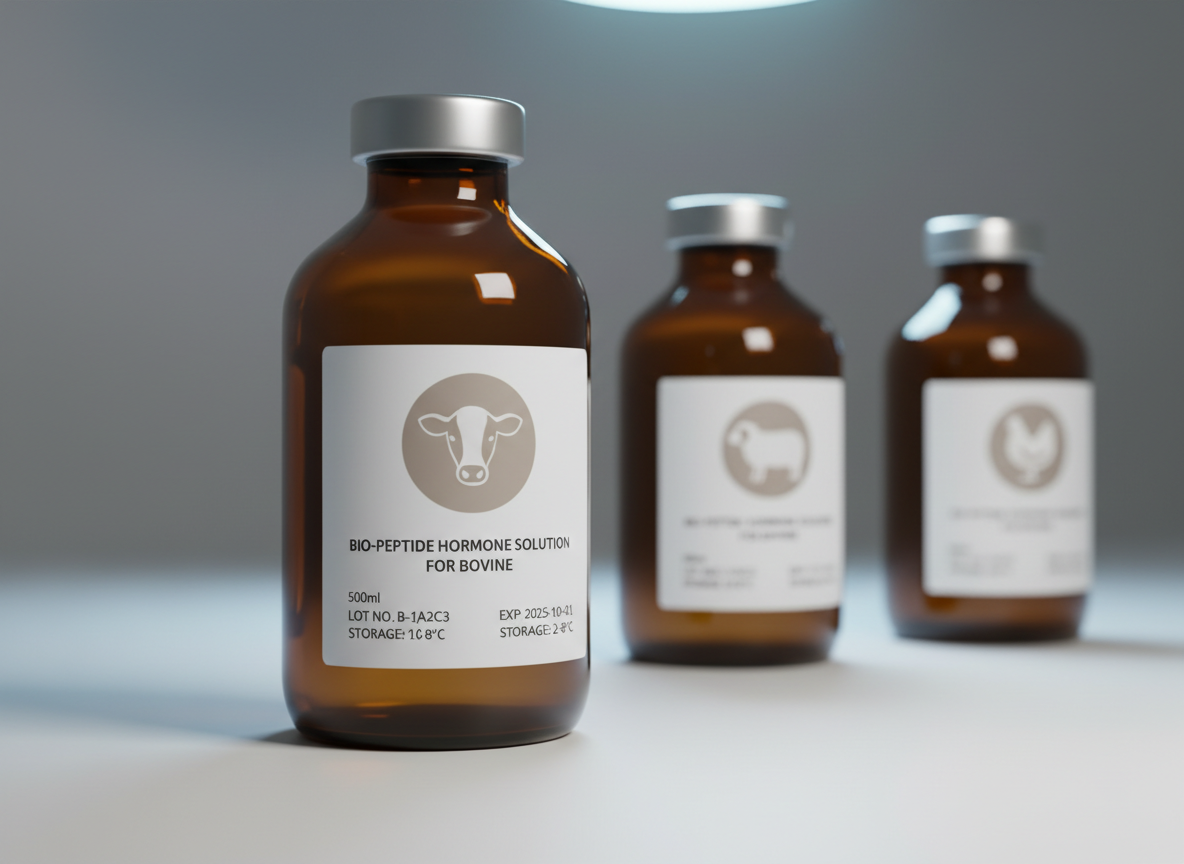 A close, detailed shot of a neutral-colored cattle silhouette icon printed on a matte white label adhered to an amber glass bottle of hormone solution, with precise, small-font technical data beneath. Behind it, slightly out of focus, are similar bottles bearing silhouettes of sheep and chickens, all aligned on a smooth, pale grey surface. Soft cool lighting from above and slightly behind creates a subtle rim of highlight along the bottle edges and delicate shadows forward, emphasizing form and clarity. Photographic realism, tight framing with shallow depth of field and rule-of-thirds placement of the primary bottle, evoking a clean, systematic, and highly organized corporate aesthetic for species-specific animal pharmaceuticals.