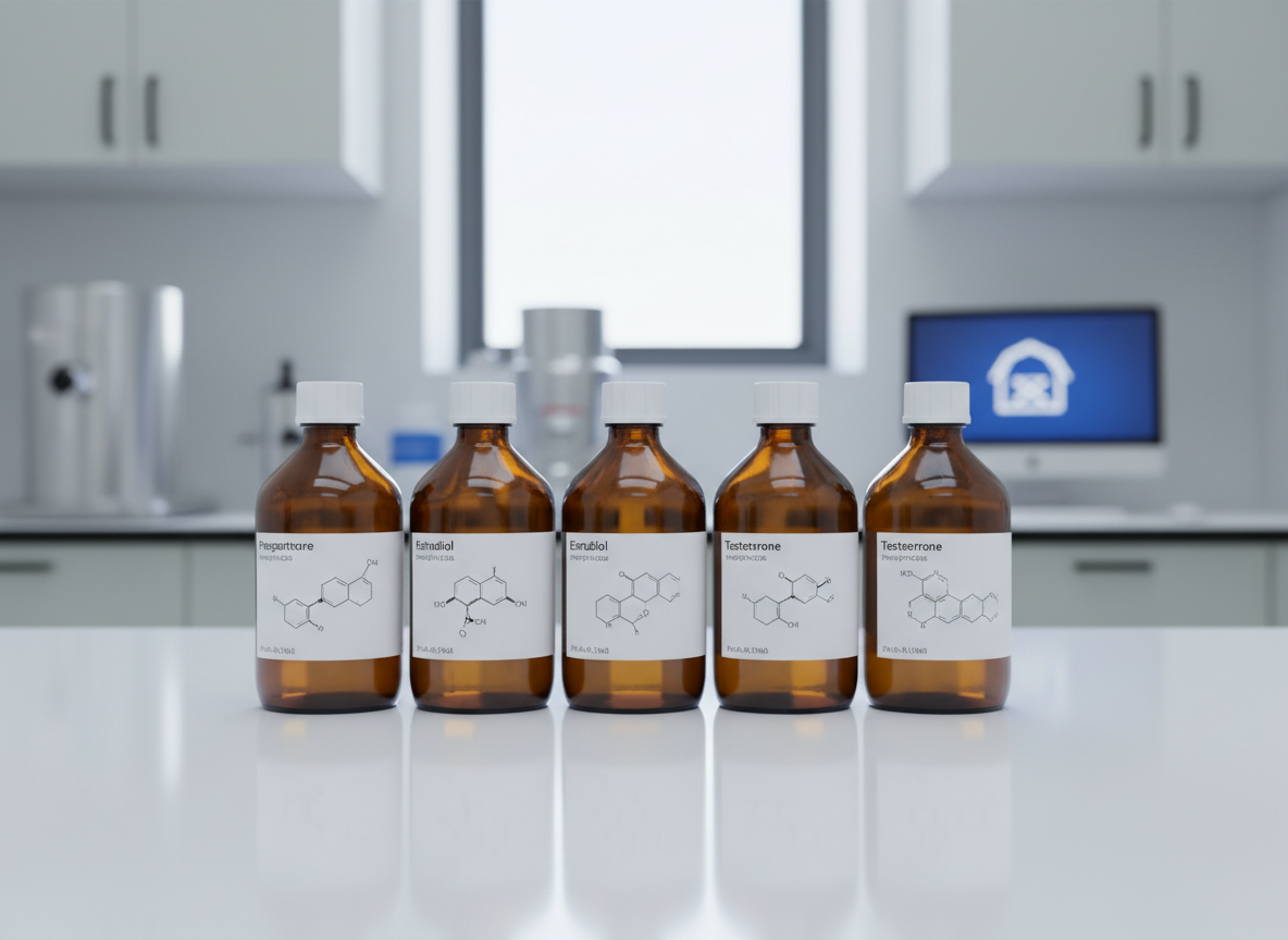 A row of sleek, unbranded amber glass laboratory bottles filled with clear and pale-gold liquid hormone solutions, each topped with precise white caps and neat printed labels showing molecular diagrams of animal hormones. The bottles stand on a spotless white laboratory bench, with a faint reflection visible in the polished surface. In the softly blurred background, stainless-steel equipment, neutral cabinets, and a faint outline of a barn icon on a monitor hint at agricultural applications. Cool, diffused daylight from a high window creates gentle, clinical highlights and soft shadows, emphasizing cleanliness and precision. Photographic realism, eye-level composition with a shallow depth of field, clean corporate aesthetic, calm and trustworthy mood suited for a professional animal pharmaceutical brand.