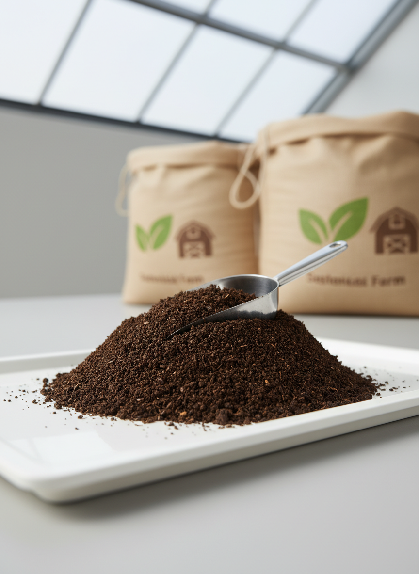 A close-up view of rich, dark, finely-textured livestock compost formed into a smooth, low mound on a matte white laboratory tray, with a small, stainless-steel scoop partially embedded to reveal its crumbly, uniform structure. Tiny fragments of plant fiber are visible, indicating organic agricultural origins. The tray rests on a pale grey, seamless surface. In the softly blurred distance, neutral-toned sacks labeled with discrete icons of leaves and barn silhouettes suggest large-scale sustainable farm use. Gentle overhead daylight, diffused through a frosted skylight, creates subtle highlights on the metal scoop and delicate shadows in the compost texture. Photographic realism, clean minimalist composition with central framing, reinforcing a scientific yet natural, environmentally-responsible atmosphere.