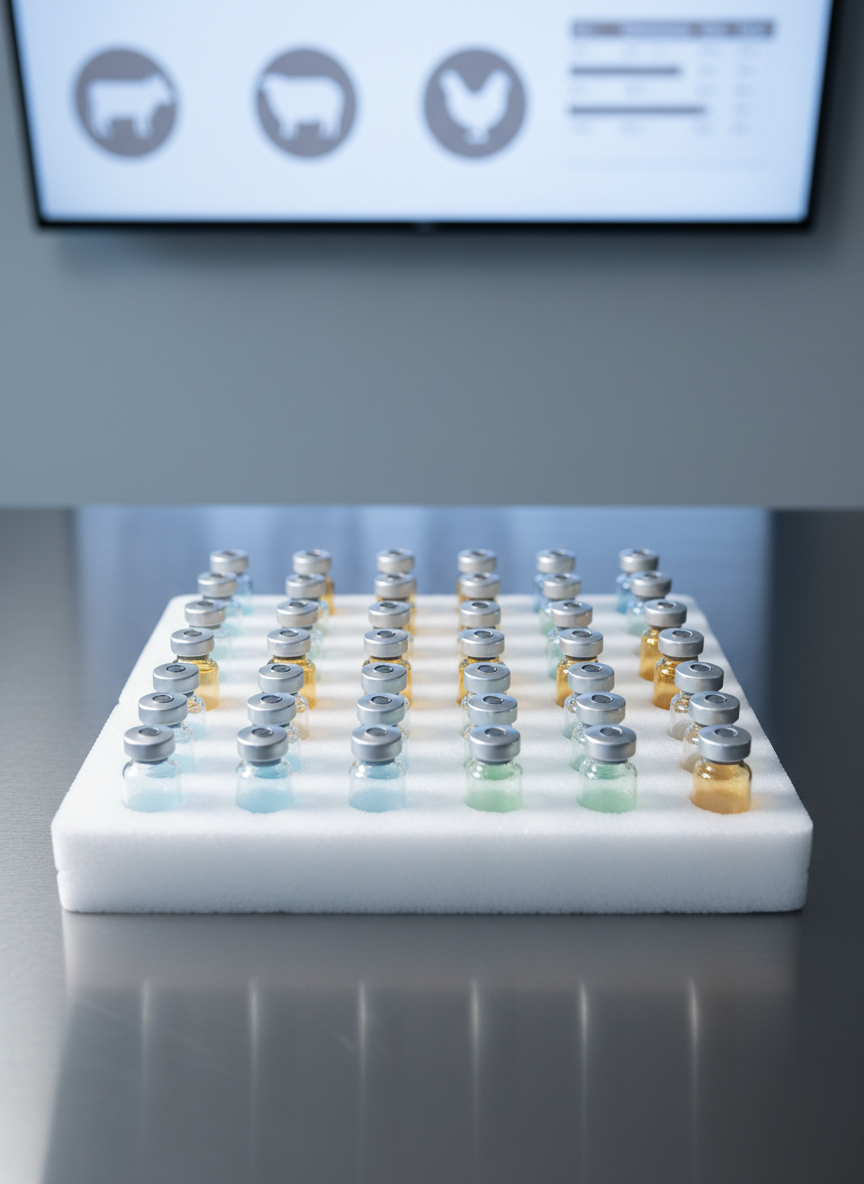An orderly arrangement of small, clear glass vials containing different hormone formulations for farm animals, each vial subtly color-tinted—very pale blue, amber, and faint green—resting in a precision-cut white foam tray on a brushed stainless-steel surface. In the background, slightly out of focus, are icons of cows, sheep, and poultry on a wall-mounted display, alongside neutral-toned charts suggesting dosage schedules. Cool studio lighting from above and from the left casts controlled, minimal shadows and crisp reflections, reinforcing a sterile, high-tech environment. Photographic realism, shot from a slightly elevated angle using the rule of thirds, with sharp focus on the front vials and a soft bokeh beyond, creating a composed, professional, and highly structured corporate mood for an animal health laboratory.