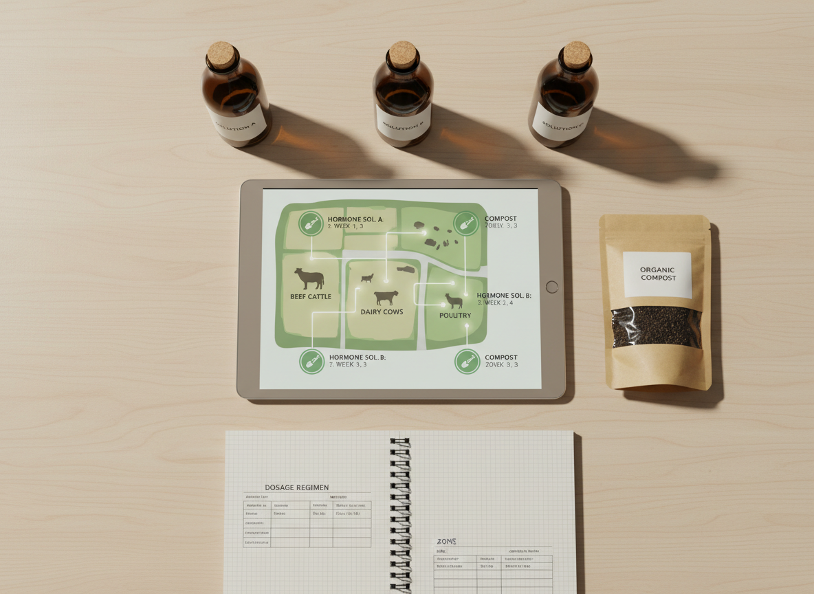An overhead view of a clean, organized farm health planning workspace, featuring a neutral-toned tablet on a light wood desk displaying a stylized farm layout with icons for beef cattle, dairy cows, and poultry, each linked to hormone solution schedules and compost application zones. Around the tablet are three unbranded amber bottles of hormone solutions, a small sealed pouch of compost granules, and a simple white notebook opened to a page of neatly printed dosage charts. Soft, indirect daylight from the left creates gentle shadows, highlighting the orderliness of the arrangement. Photographic realism, flat-lay composition with balanced spacing and plenty of negative space, conveying a calm, strategic, and professional approach to integrated animal health and sustainable agriculture.
